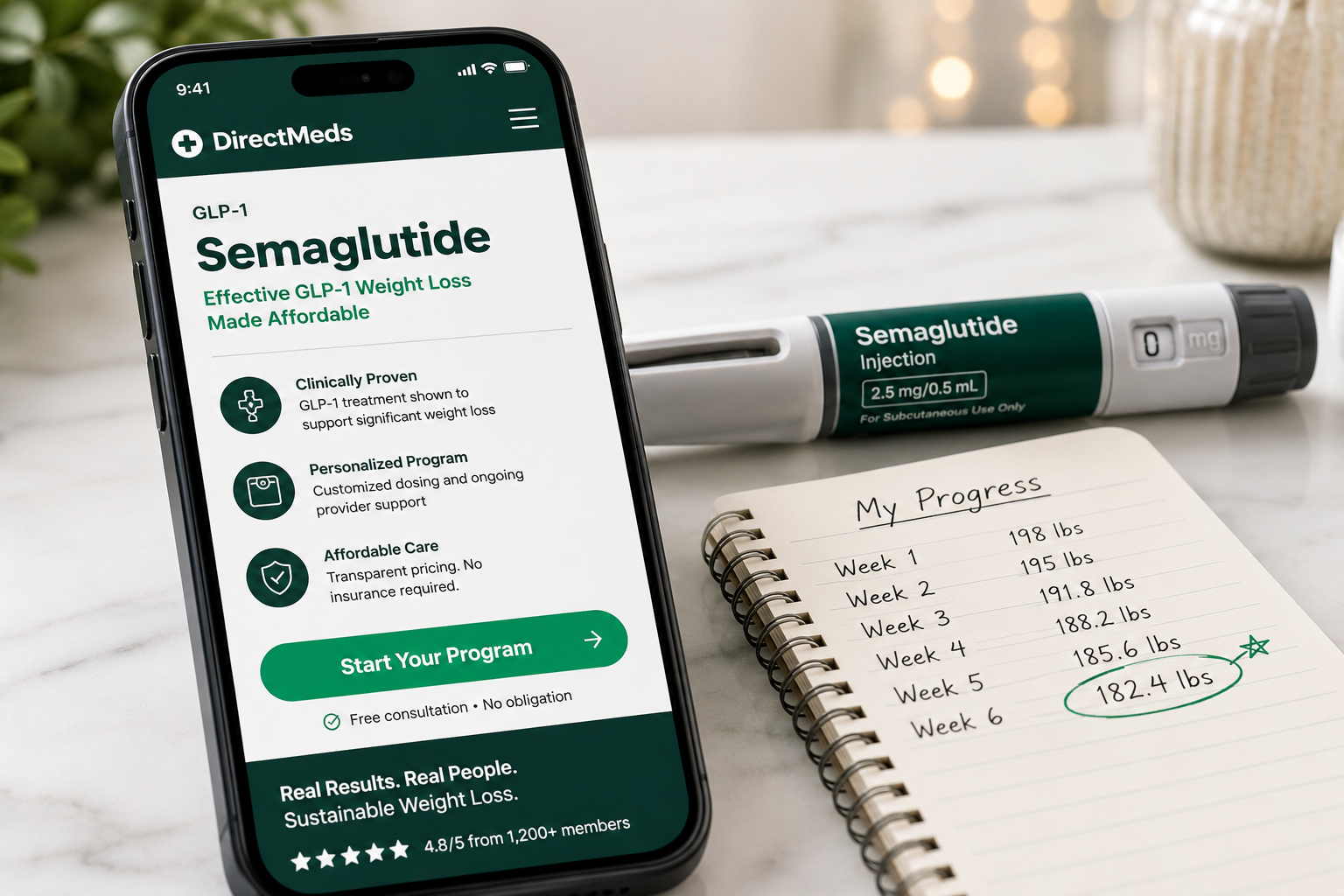 () close-up image of a smartphone screen displaying the DirectMeds GLP1 Semaglutide product page with a 'Start Your Program'