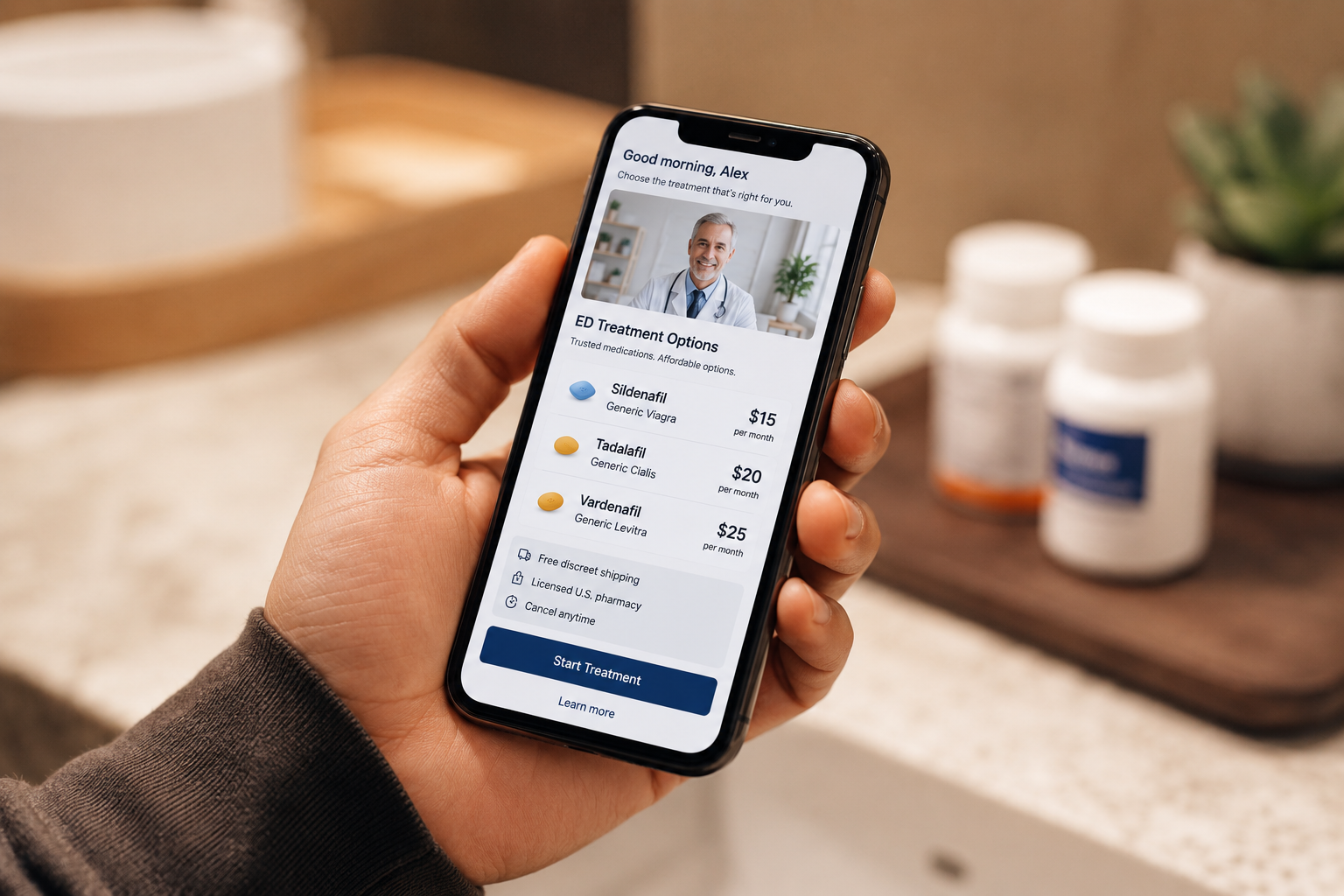 () close-up of a man's hand holding a smartphone displaying a telehealth app interface with ED medication options and