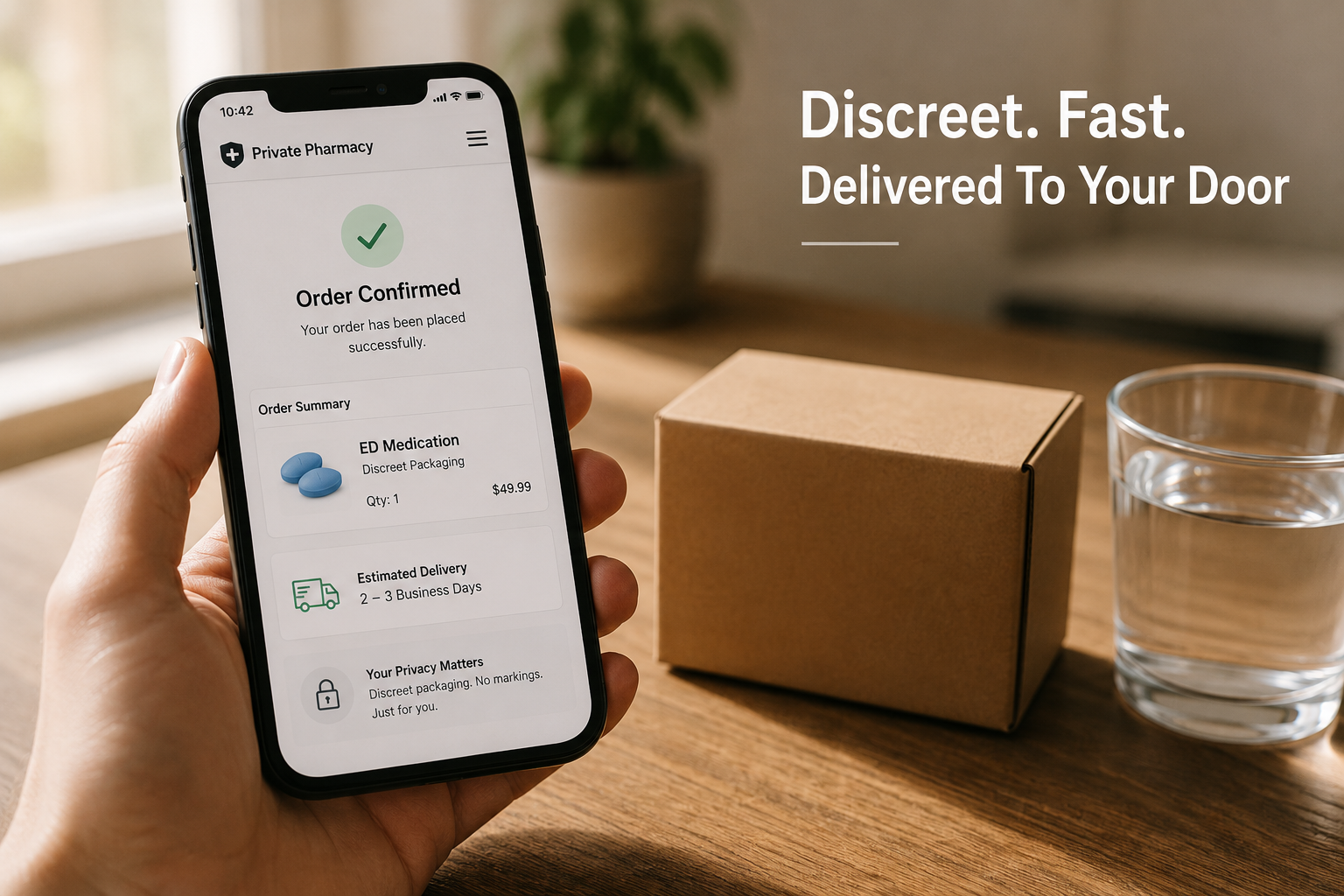 () close-up of a smartphone screen showing a discreet online pharmacy app with ED medication order confirmation, beside it a