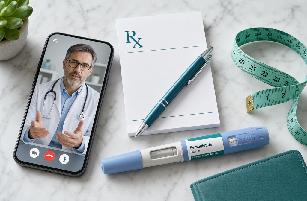 Best GLP1 membership 2 () close-up overhead flat-lay of a telehealth prescription process: a smartphone showing a video consultation with a doctor,