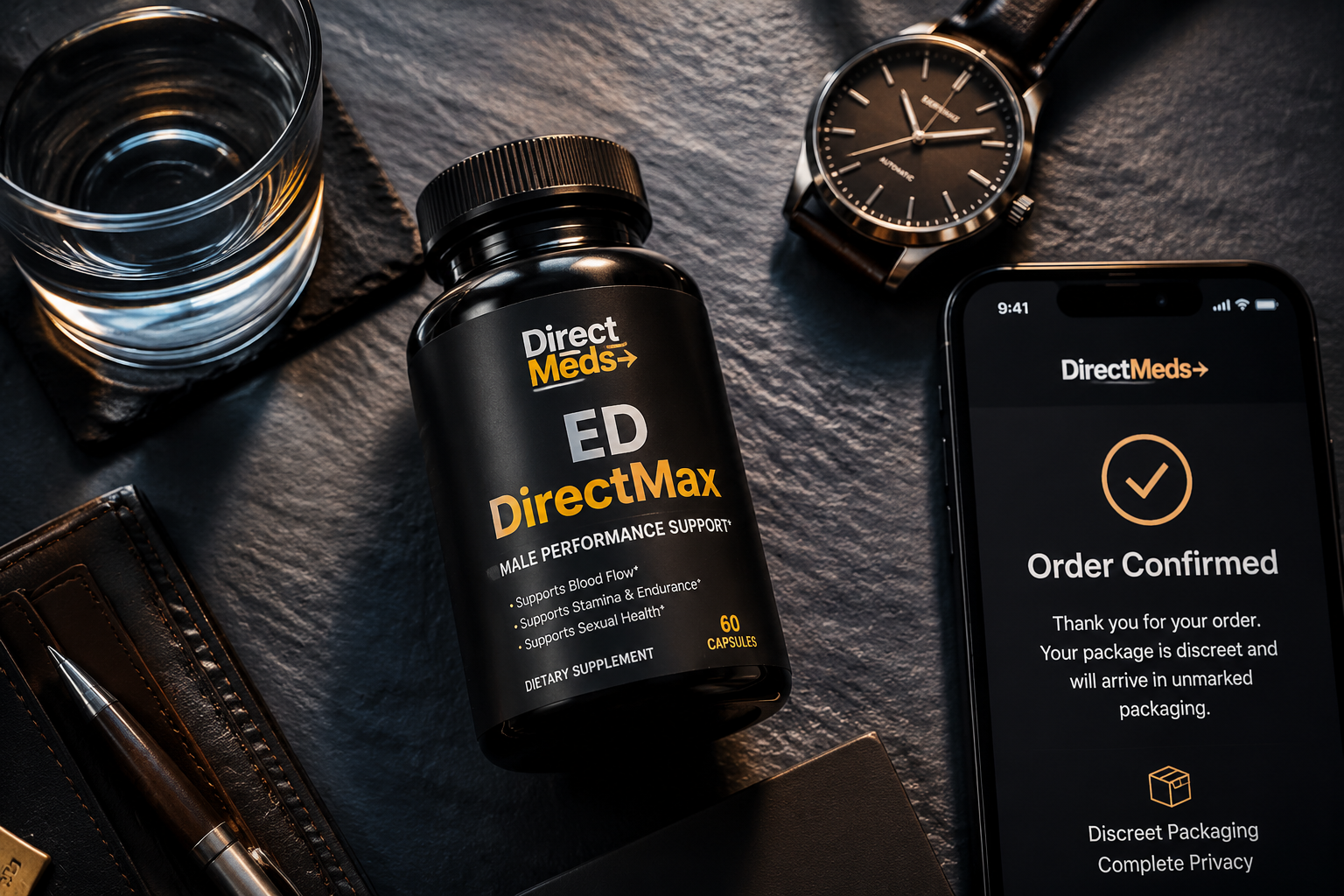 strongest alternative to viagra in 2026 1 () close-up overhead flat-lay shot of a sleek modern supplement bottle labeled Direct Meds ED DirectMax on a dark slate