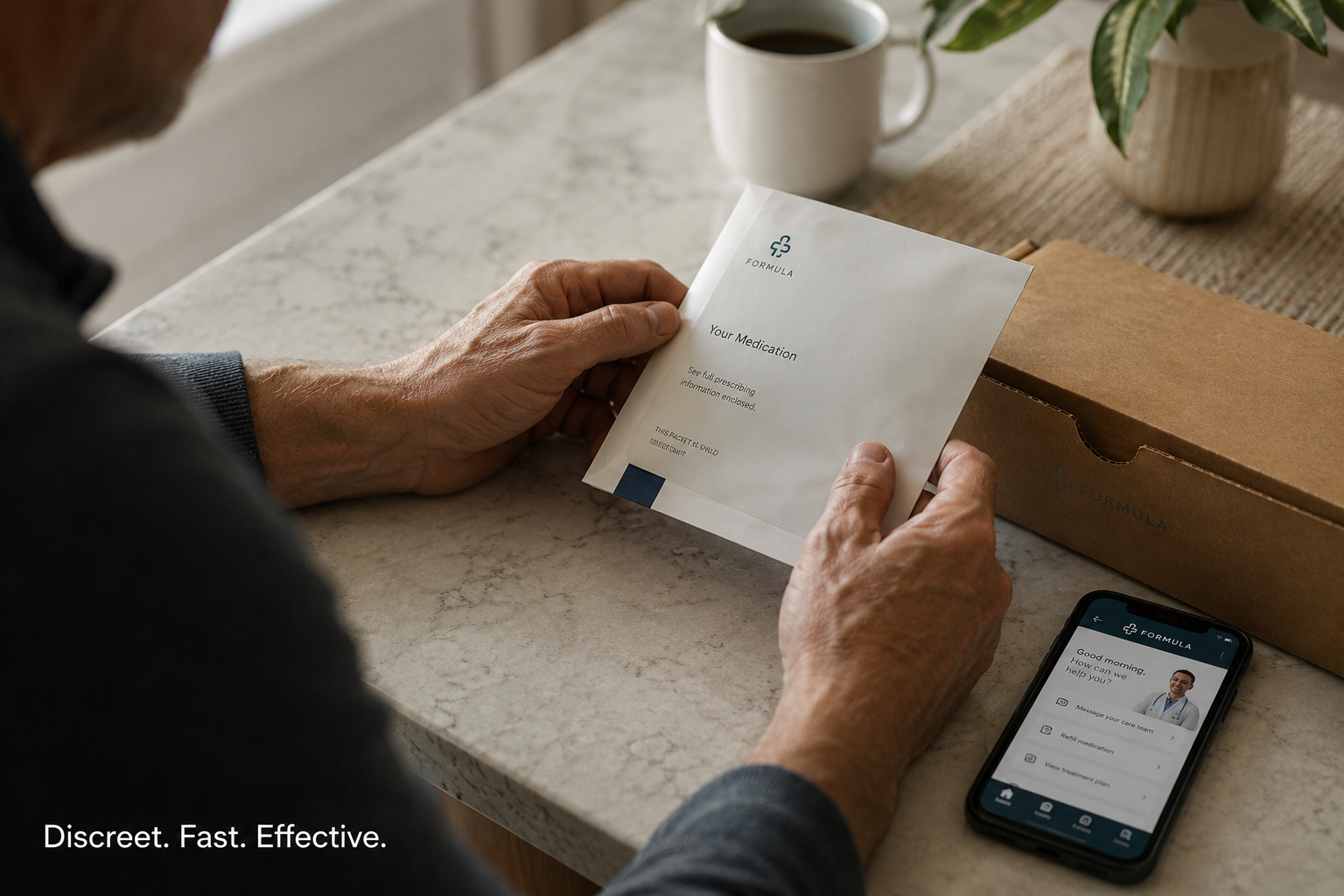 bluechew vs directmax comparison 2 () close-up overhead shot of a confident man in his 50s reviewing a discreet prescription package at a modern kitchen