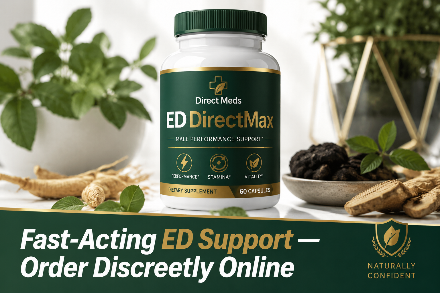 () close-up product-style image of a supplement bottle labeled 'Direct Meds ED DirectMax' on a clean white surface with soft