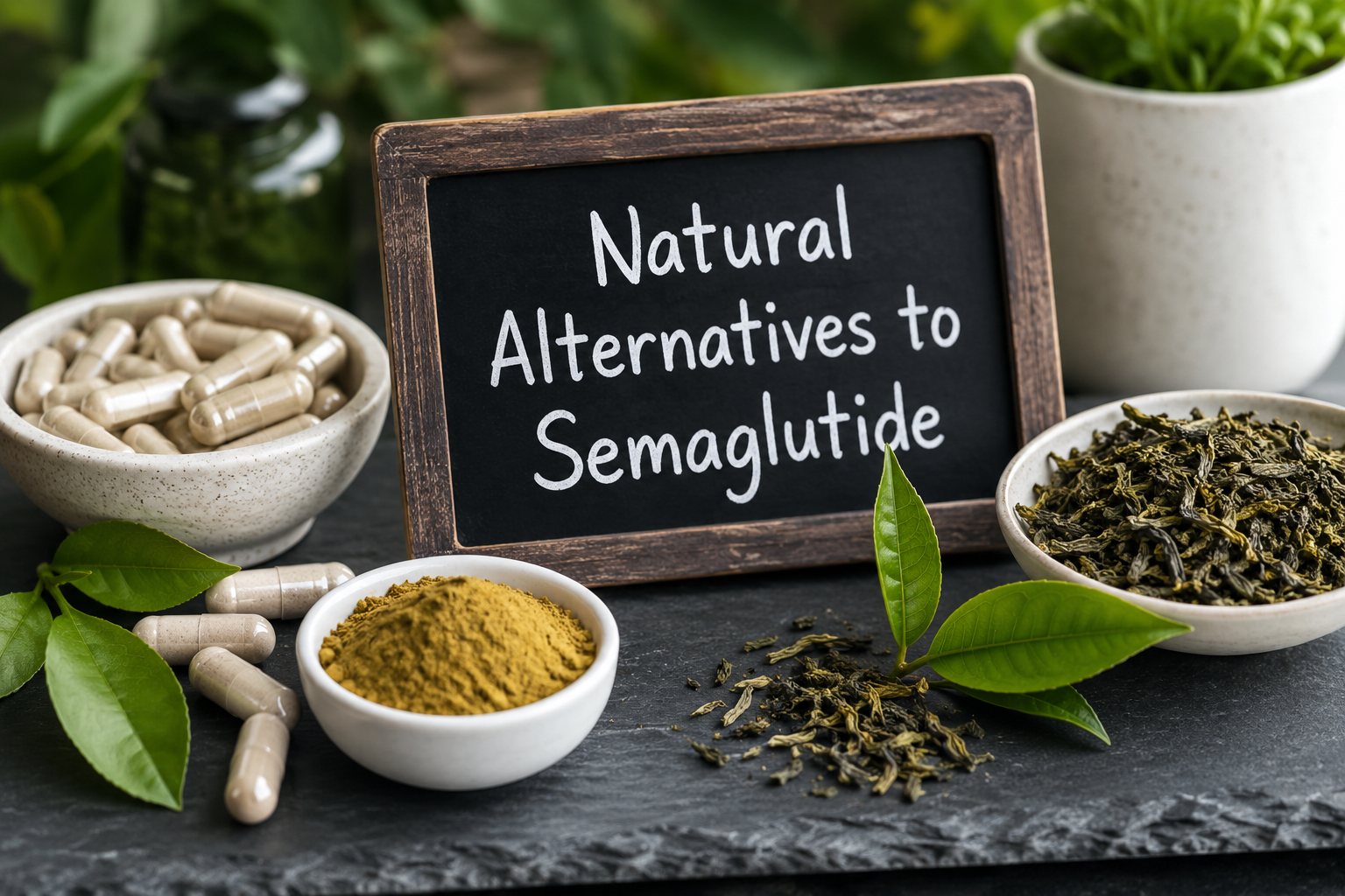 Best semaglutide alternatives 4 () close-up studio photograph of natural supplement capsules, berberine powder, and green tea extract leaves arranged on a
