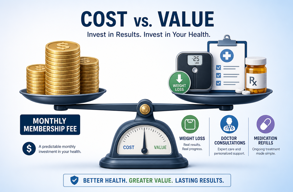 Best GLP1 membership 4 () concept illustration of a cost-vs-value scale balance: one side holds a stack of dollar coins labeled 'Monthly Membership