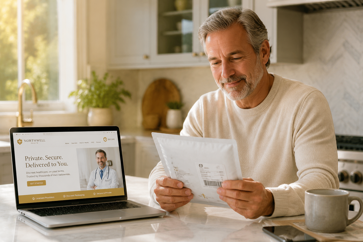 directmax ed review for older men 2 () concept image showing a mature man in his late 50s confidently reviewing a discreet pharmaceutical package at his kitchen
