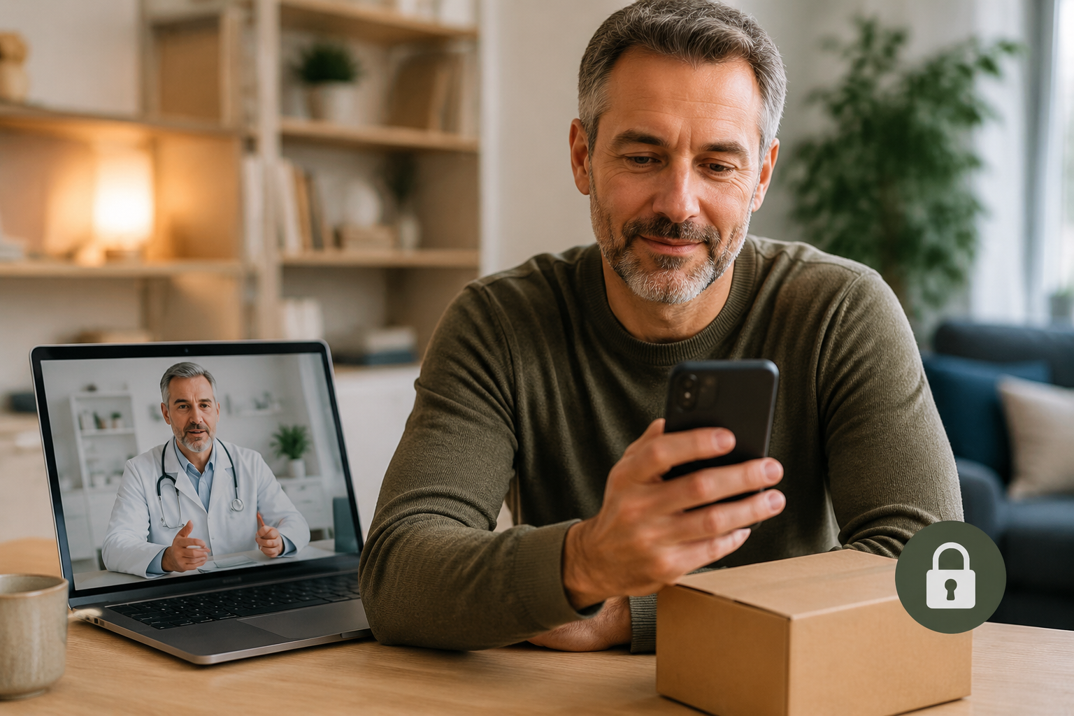 discreet online ed medication for men 2 () concept image showing a secure online medical consultation interface on a laptop screen, a discreet plain brown shipping