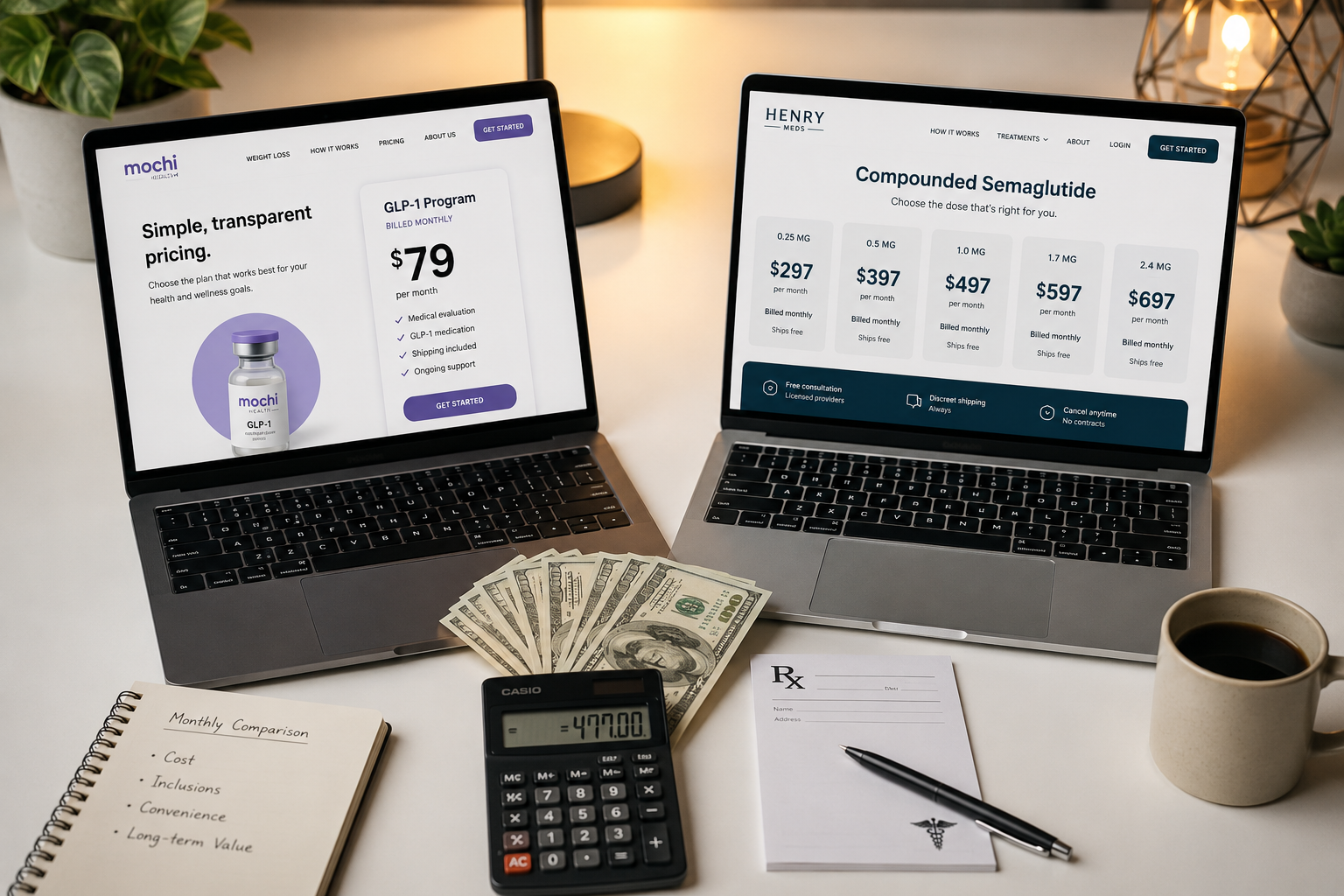 () cost comparison infographic viewed from above on a modern desk surface. Shows two open laptops displaying telehealth