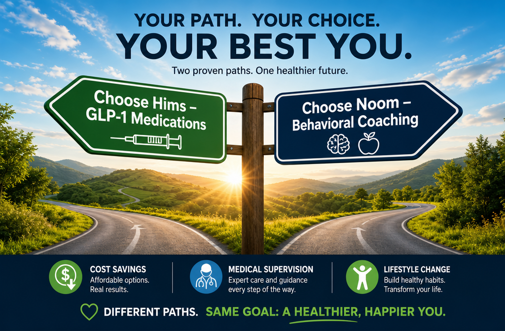 () decision-guide visual: a clean road-sign fork in the road, one sign pointing left reads 'Choose Hims – GLP-1 Medications'