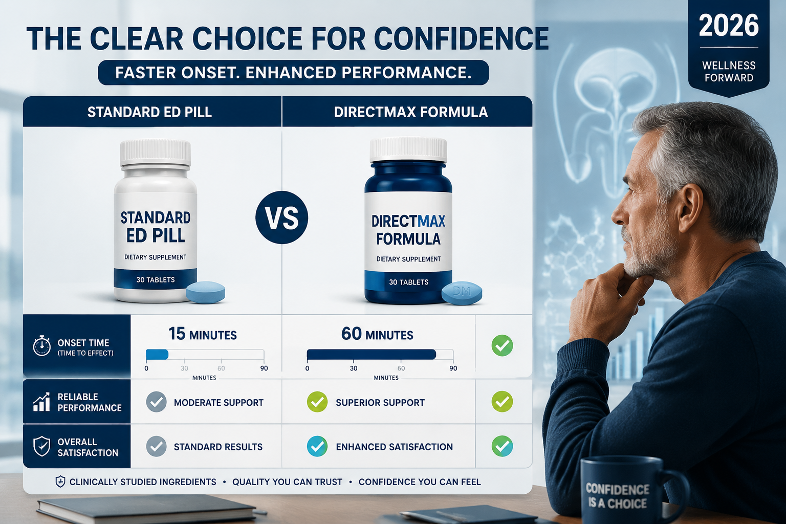 hims ed medication alternative 1 () editorial illustration showing a side-by-side comparison panel of two pill bottles labeled 'Standard ED Pill' vs