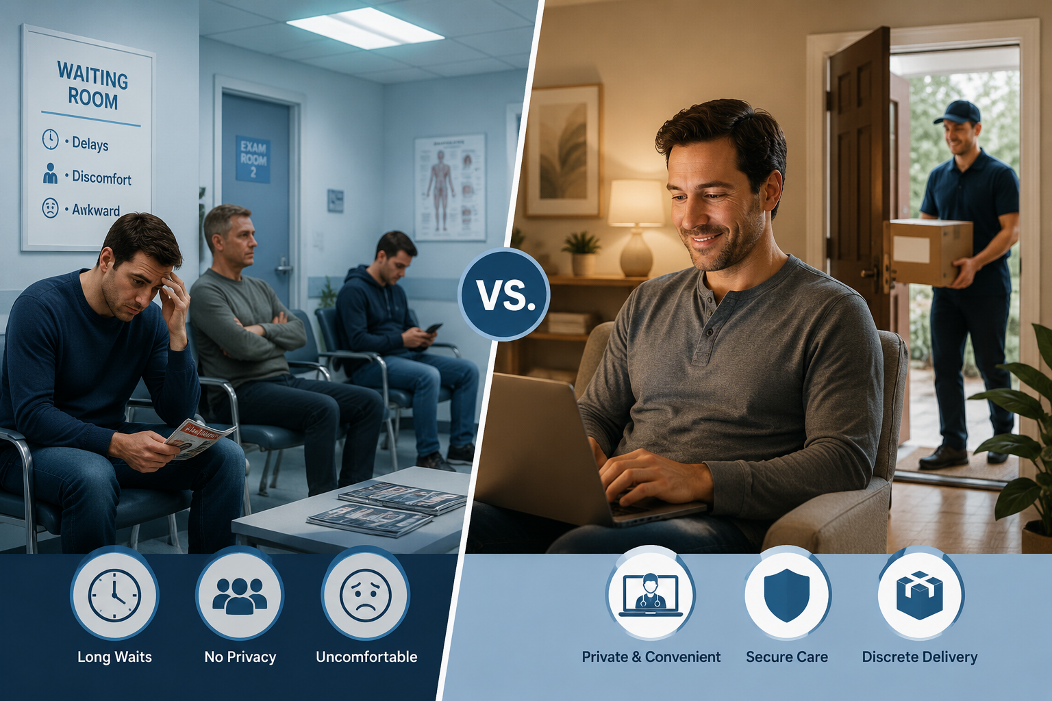 online ed pills with discreet shipping 1 () editorial illustration showing a split comparison panel: left side depicts an awkward doctor waiting room scene with men