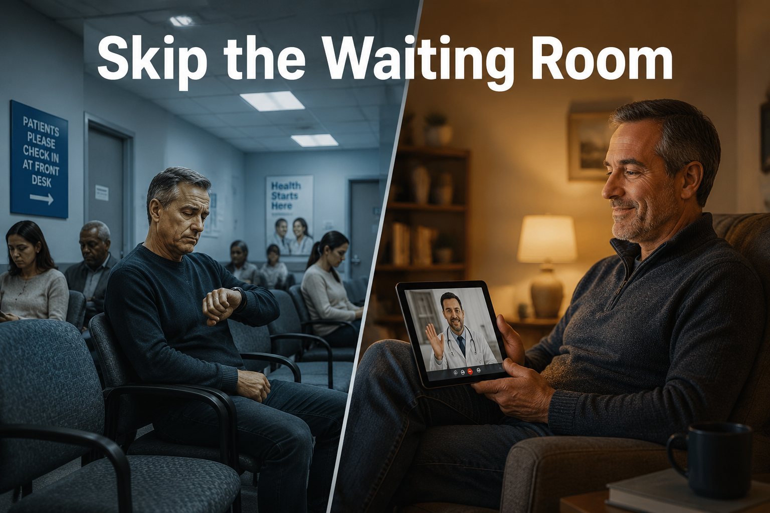 () editorial illustration showing a split-screen comparison: left side depicts a traditional doctor waiting room with