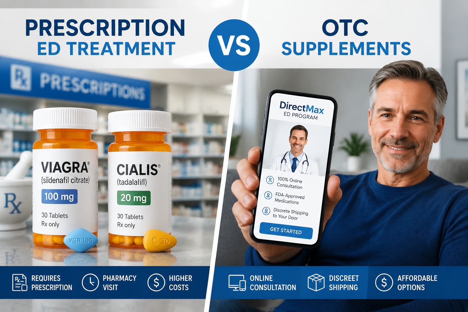 () editorial illustration showing a split-screen comparison: left side depicts a traditional pharmacy with prescription