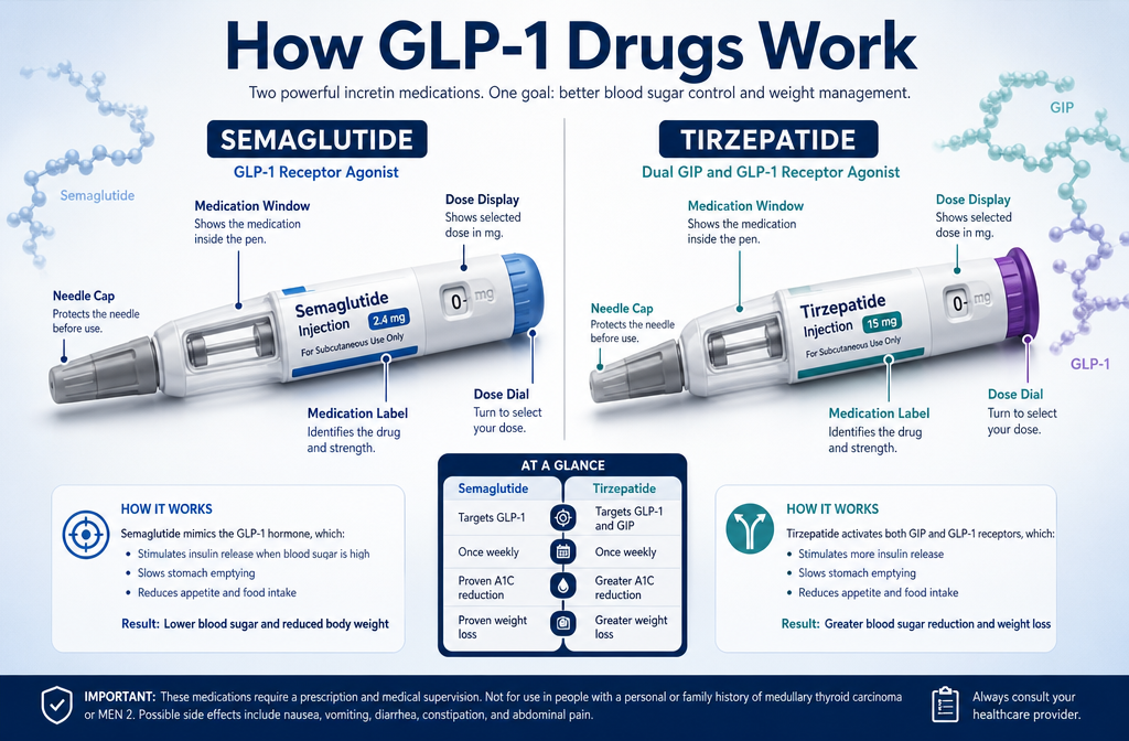 Best Semaglutide Alternatives in 2026: Effective Options Worth Knowing 1 () editorial illustration showing a split-screen comparison of GLP-1 injection pens (semaglutide vs tirzepatide) side by