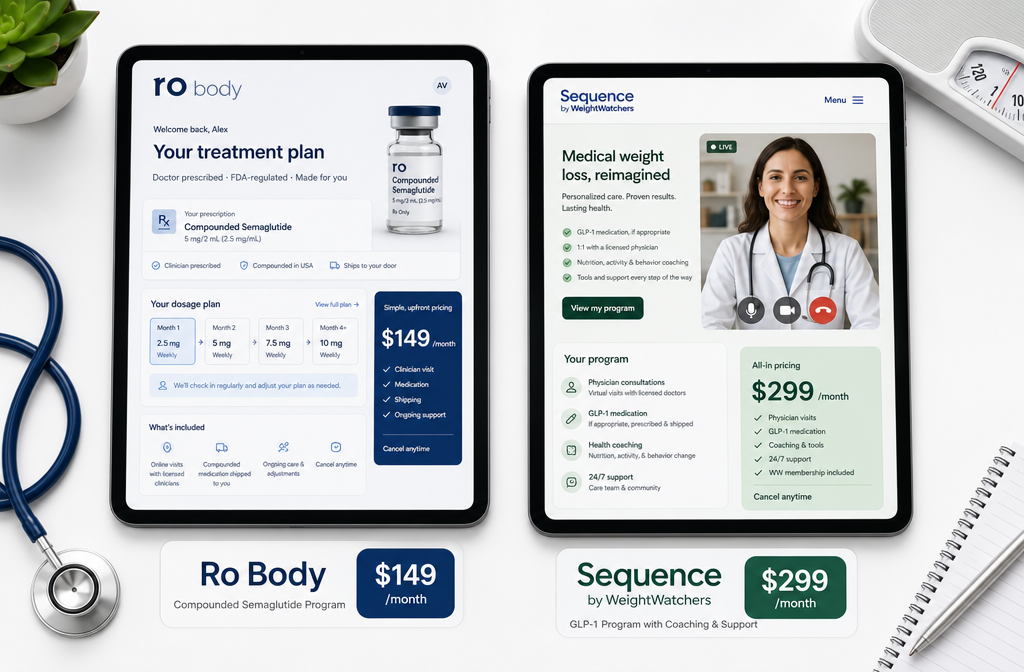 Ro vs Sequence 1 () editorial illustration showing two distinct telehealth platforms side by side on tablet screens: left screen displays Ro
