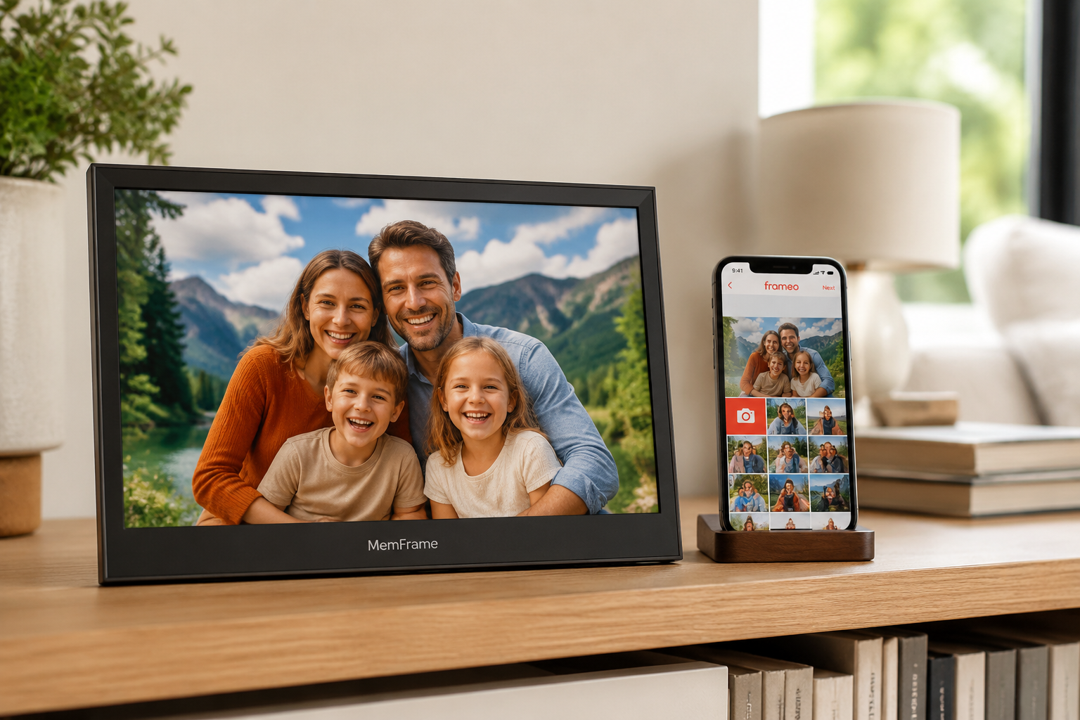 () editorial image showing a close-up of the MemFrame digital photo frame displaying a vibrant family photo on a bright,