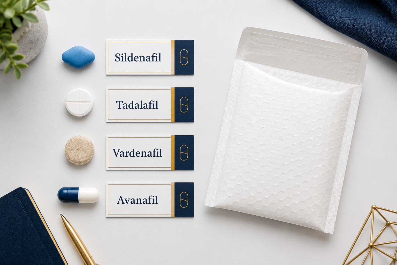 online ed pills with discreet shipping 2 () flat-lay product comparison graphic showing four distinct pill types — blue tablet, white tablet, chewable tablet, and