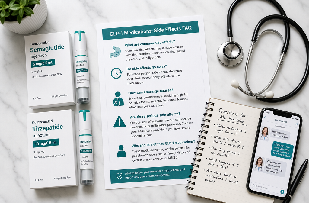 () flat-lay product comparison scene on a clean white marble surface. Shows compounded semaglutide and tirzepatide injection