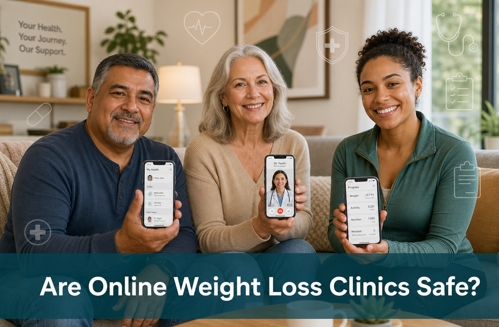 Best online weight loss clinic 4 () image of a confident diverse group of adults (man with diabetes, woman over 50, younger adult) each holding a smartphone