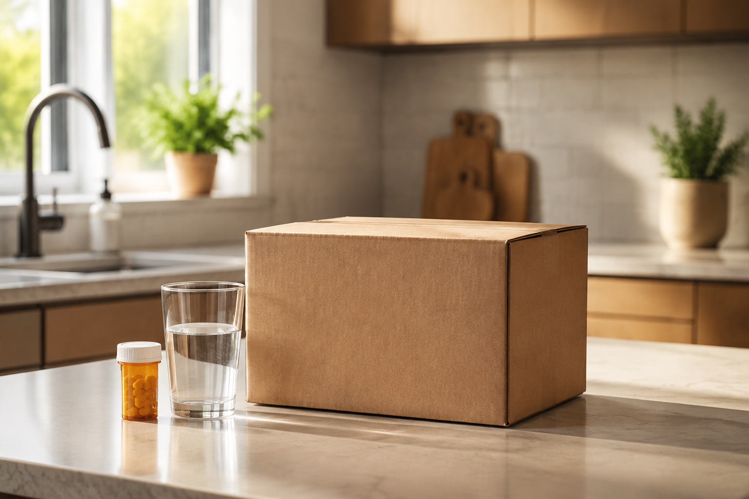 rex md alternative reviews 2 () image showing a discreet plain brown shipping box on a modern kitchen counter next to a glass of water and a small