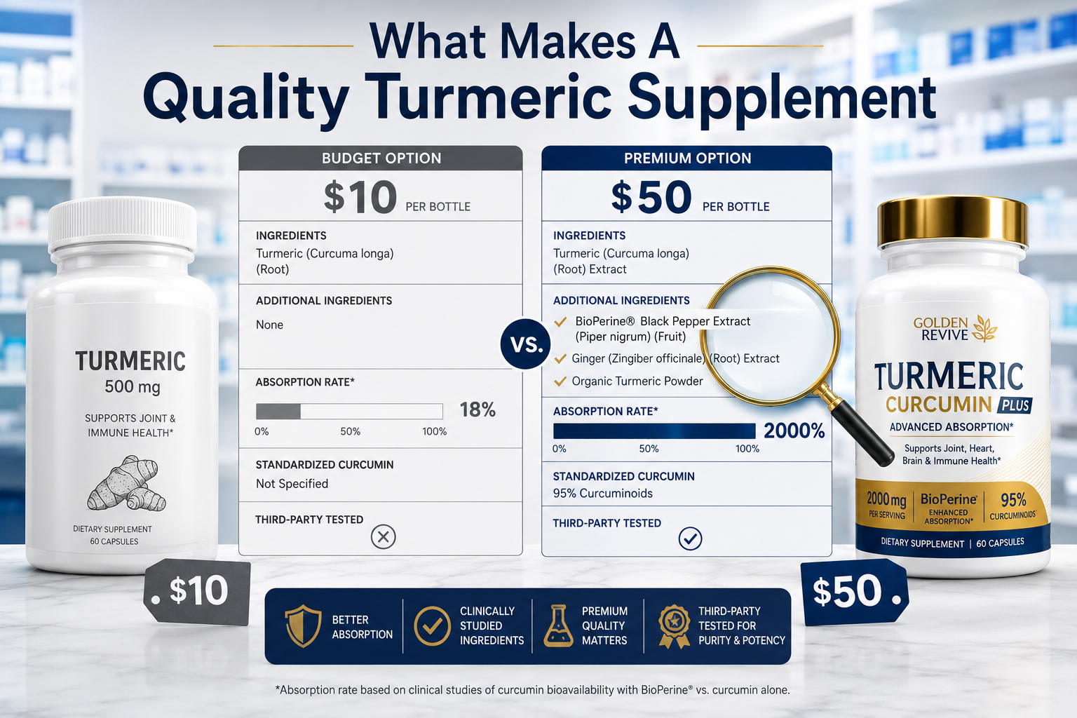 best turmeric joint supplement 2 () image showing a side-by-side comparison table graphic of turmeric supplement bottles at different price points (Turmeric supplement comparison showing absorption and ingredients0 vs