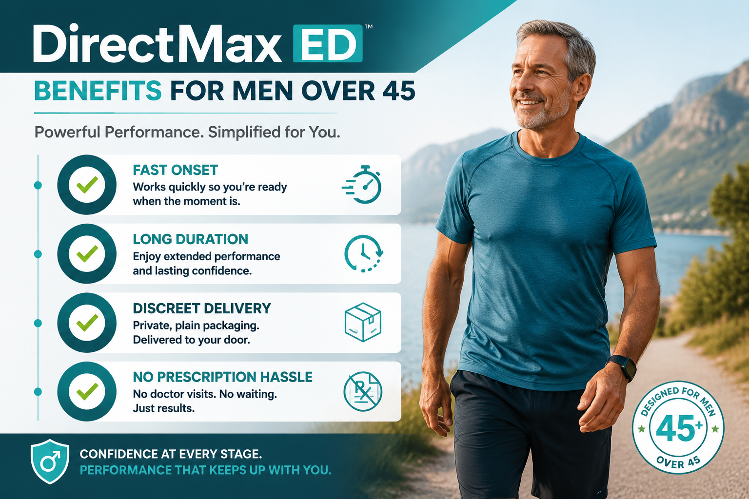 directmax ed review for older men 3 () infographic-style image displaying a vertical checklist of DirectMax ED DirectMax benefits for men over 45 — fast onset,