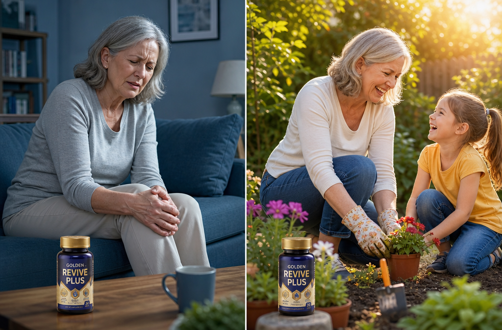 best joint supplement for women 2 () lifestyle comparison split-scene image. Left side shows a woman in her 60s sitting stiffly on a couch, holding her knee