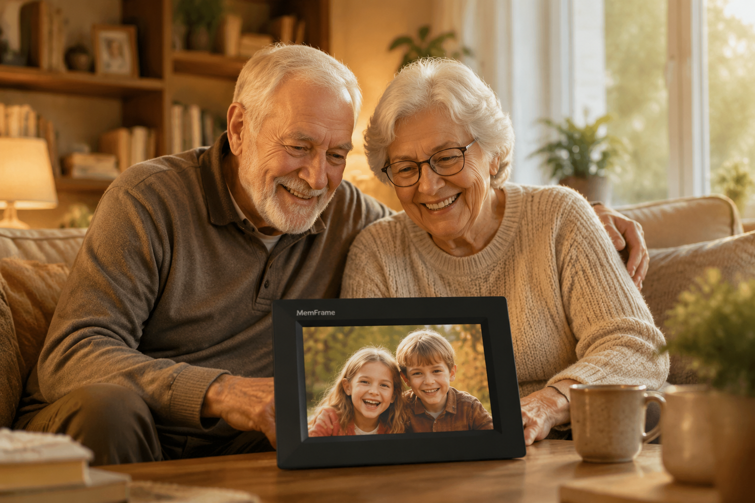 () lifestyle editorial photo showing an elderly couple sitting on a couch, smiling warmly at a MemFrame digital photo frame
