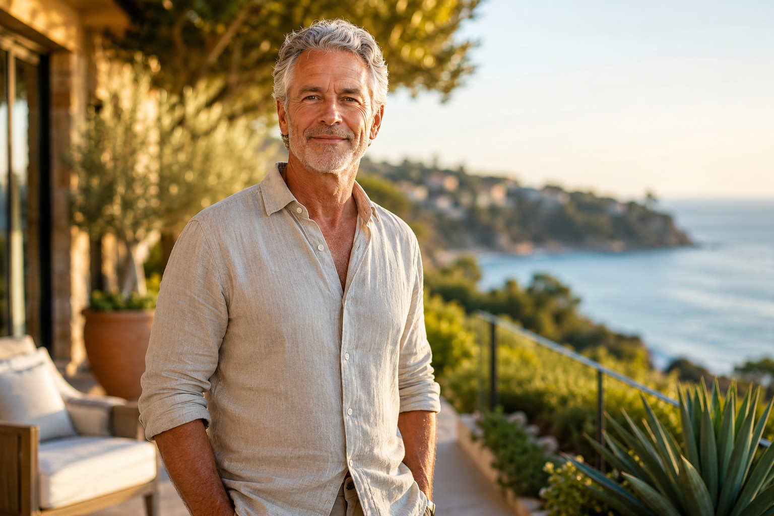 () lifestyle image of a confident man in his early 60s standing outdoors on a sunlit terrace, arms relaxed, slight smile,