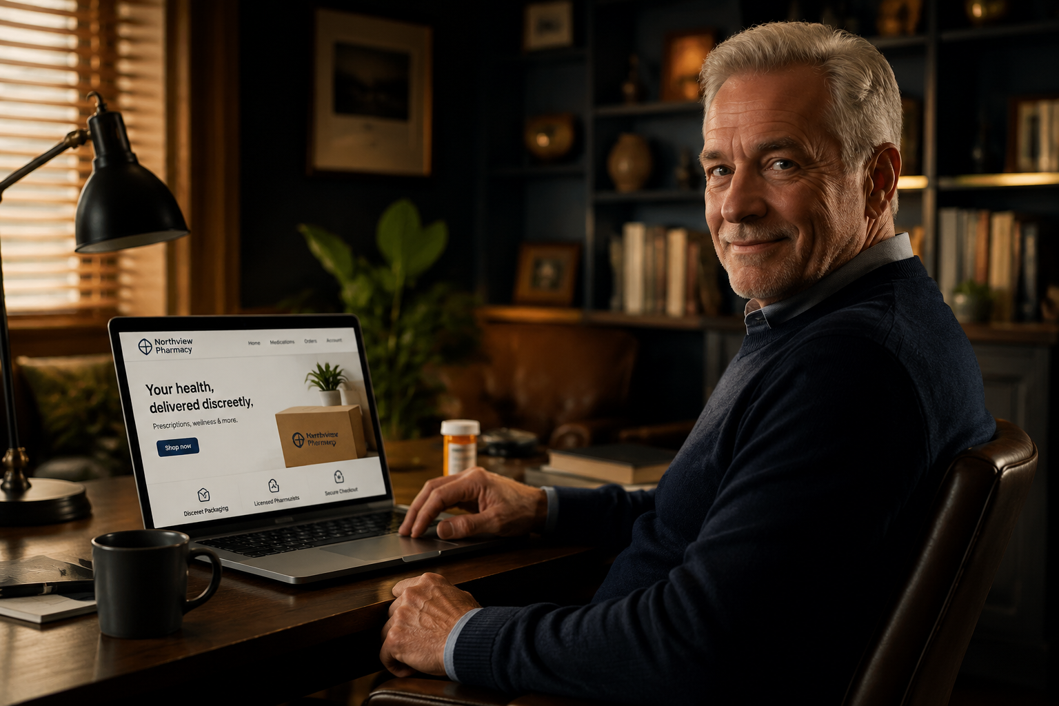 () lifestyle photograph of a confident man aged 50-60 in smart casual clothing sitting at a home desk with a laptop open