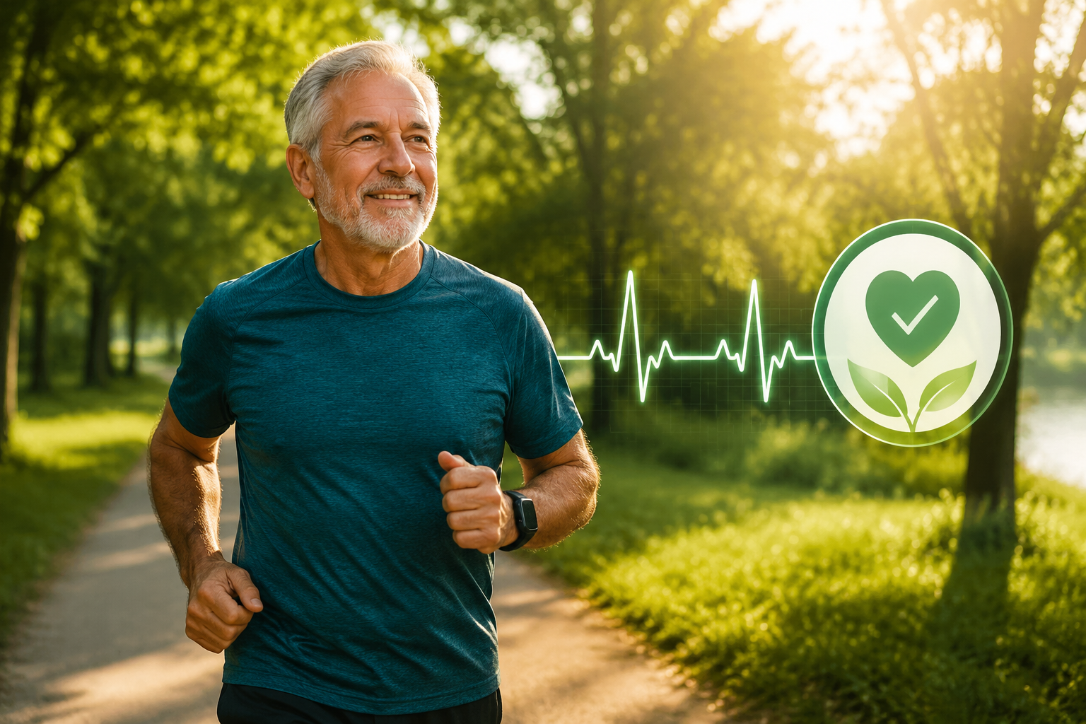 () lifestyle wellness image showing a man in his early 60s exercising outdoors — jogging on a sunlit park path — with a