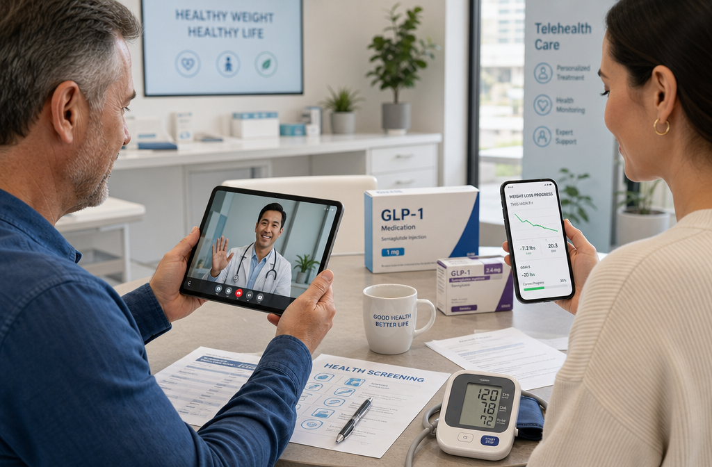 () medical consultation scene showing a diverse group of adults in their 30s and 50s in a bright modern telehealth setting.