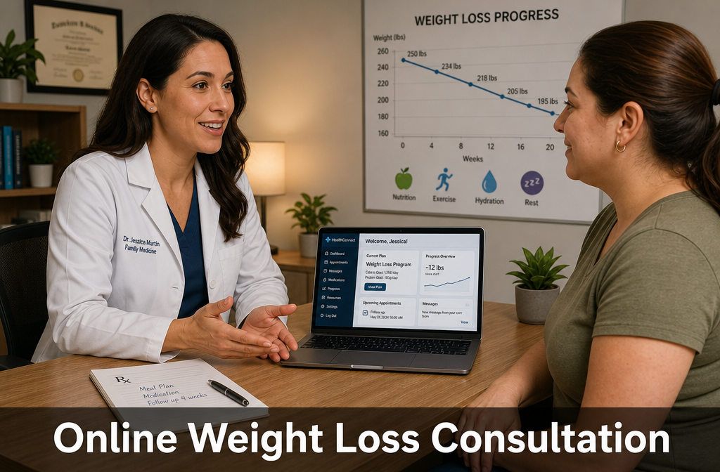 Best Semaglutide Alternatives in 2026: Effective Options Worth Knowing 3 () medical consultation scene showing a doctor and patient sitting across a desk with a laptop displaying a telehealth