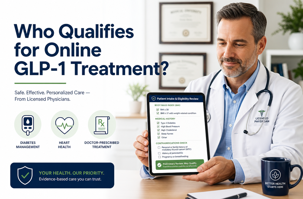 () medical safety and eligibility scene: a licensed physician in a white coat reviewing a digital tablet showing a patient