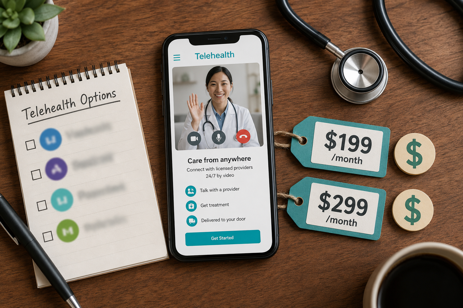 Best semaglutide telehealth 2 () overhead flat-lay composition showing a wooden desk with a smartphone displaying a telehealth app interface, a notepad
