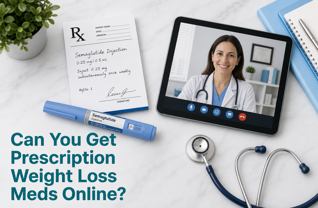 Best online weight loss clinic 2 () overhead flat-lay photo of a doctor's desk with a prescription notepad, semaglutide injection pen, stethoscope, and a