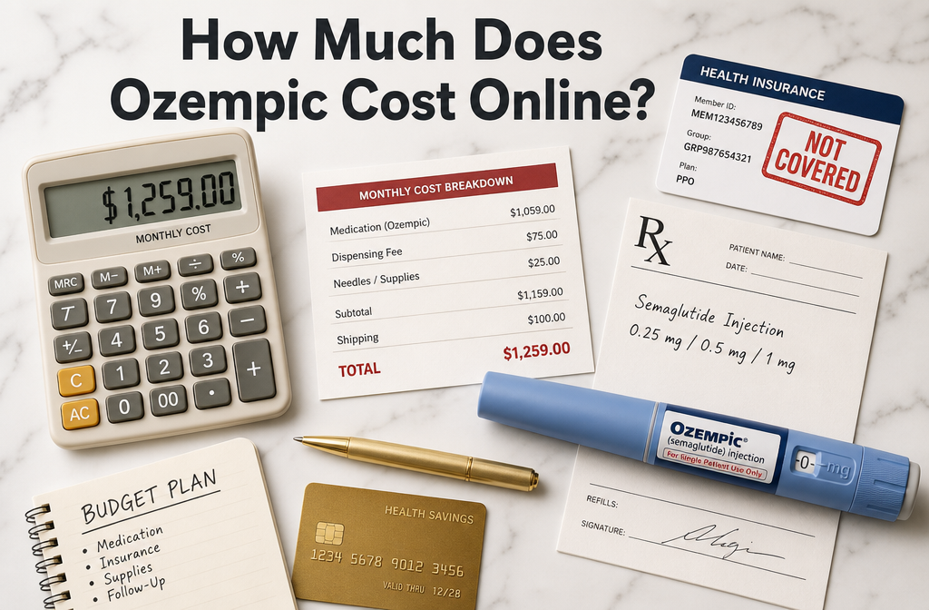 () overhead flat-lay photograph of a monthly medication cost breakdown: a calculator showing dollar amounts, an insurance