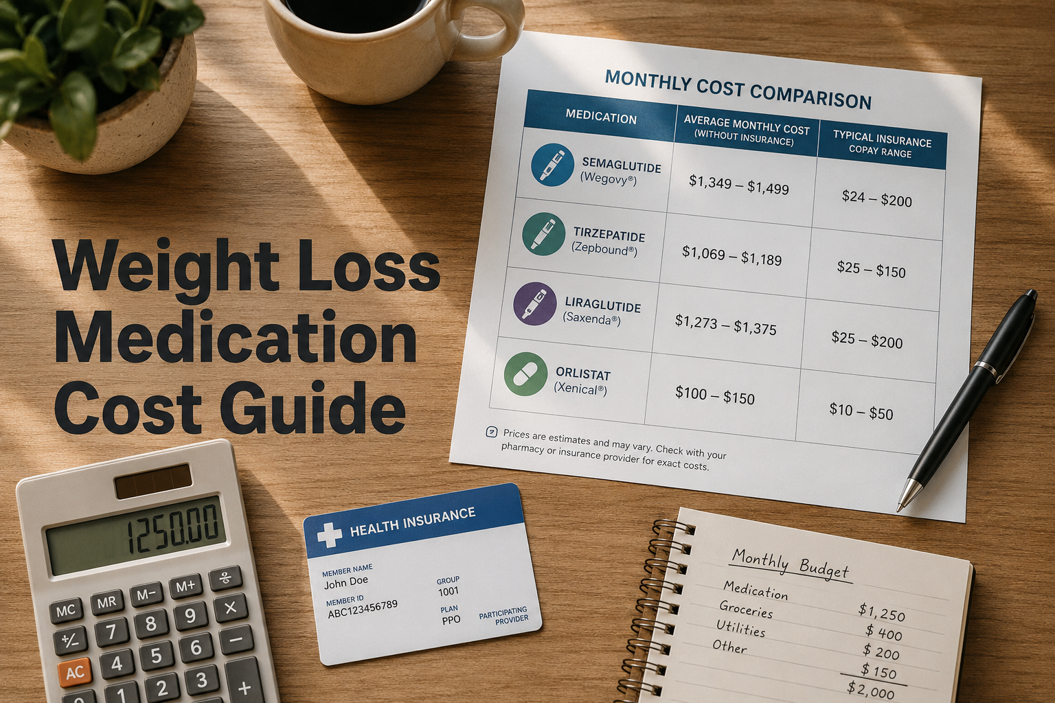 Best semaglutide alternatives 2 () overhead flat-lay photograph of a wooden desk with a printed cost comparison chart showing monthly prices for weight loss