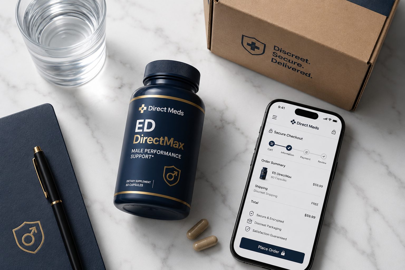viagra alternative that works faster 2 () overhead flat-lay product concept image showing a sleek modern supplement bottle labeled Direct Meds ED DirectMax on a