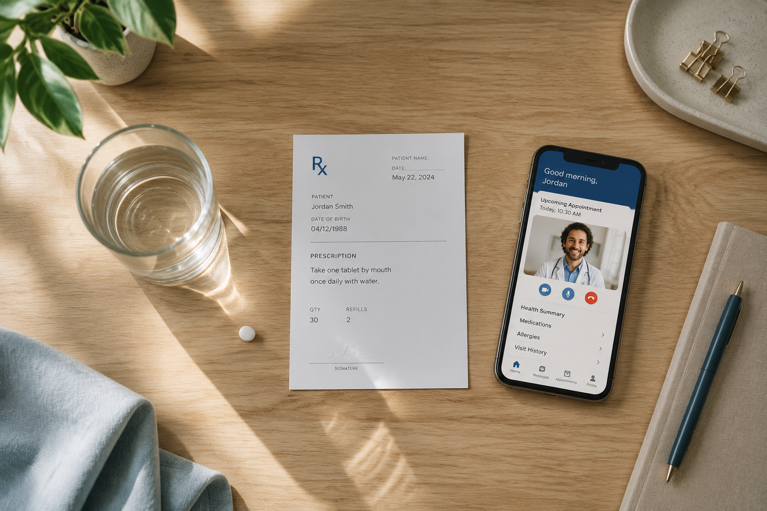 discreet online ed medication for men 3 () overhead flat-lay shot of a clean wooden desk surface featuring a glass of water, a single small white pill, a printed