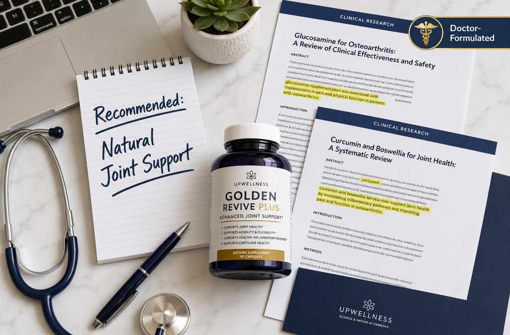 good supplement for joint pain 3 () overhead shot of a doctor's desk with a notepad reading 'Recommended: Natural Joint Support', a stethoscope, a bottle of