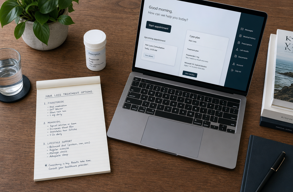 () overhead shot of a wooden desk with a notepad listing hair loss treatment options (finasteride, minoxidil), a