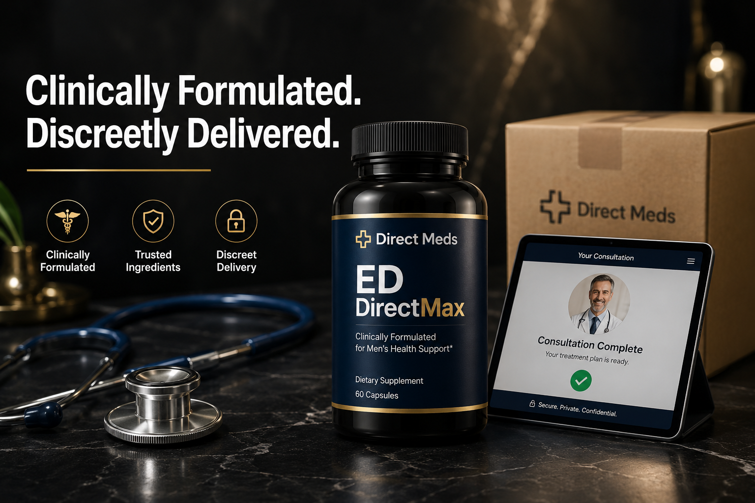 () product-focused editorial image showing a sleek supplement bottle labeled 'Direct Meds ED DirectMax' centered on a dark