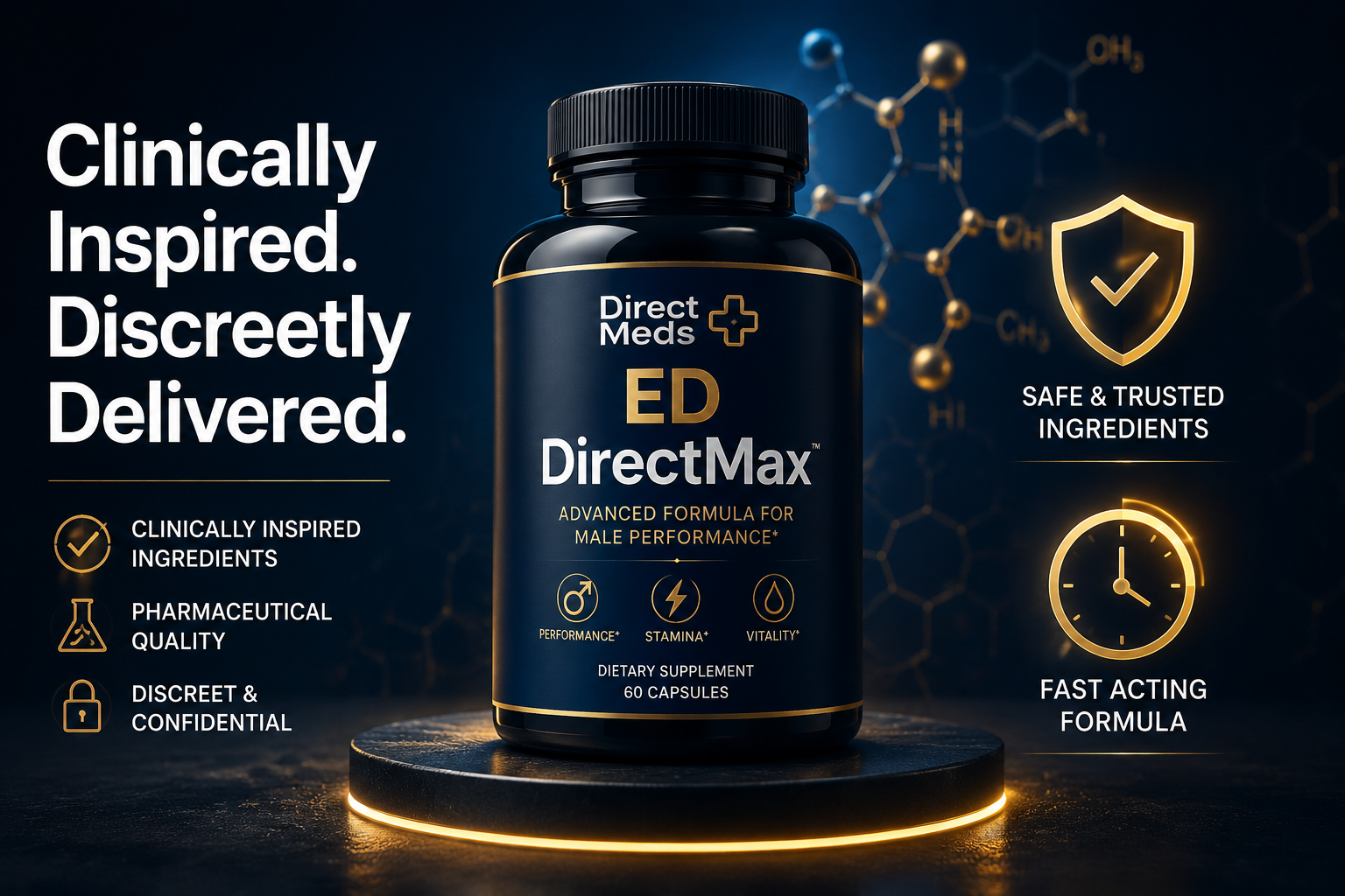 () product-style editorial image featuring a sleek supplement bottle labeled 'Direct Meds ED DirectMax' centered on a dark