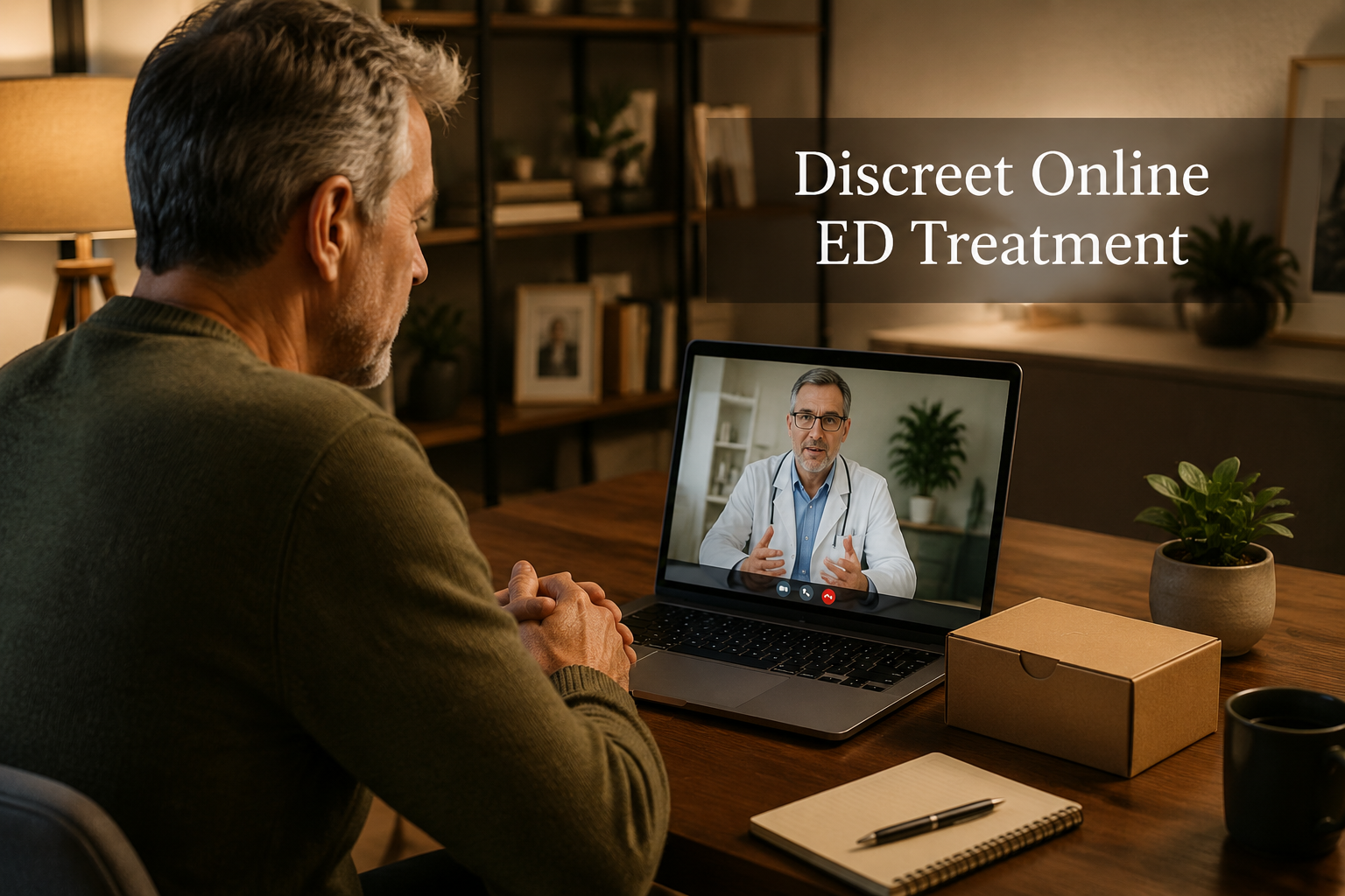 () scene showing a discreet online pharmacy experience: a man in his mid-50s sitting at a clean home desk, viewing a