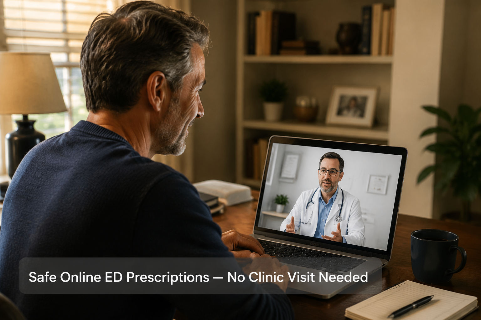 best prescription impotence medication online 2 () scene showing a mature man in his late 40s sitting comfortably at a home desk, using a laptop for a telemedicine video