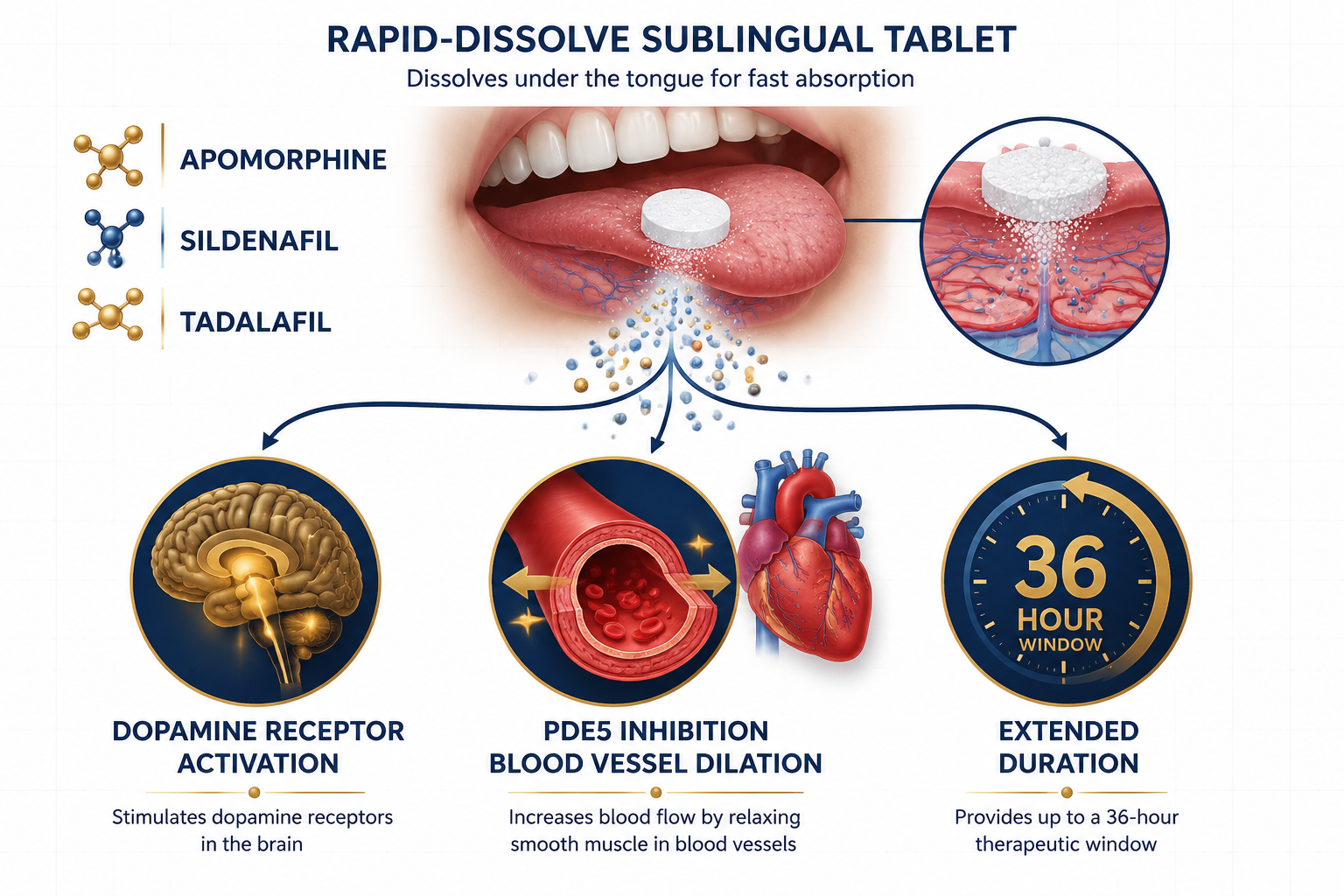 Direct Meds ED DirectMax Review 2026 – The New ED Solution That Works 1 () scientific infographic illustration showing a rapid-dissolve sublingual tablet dissolving under the tongue with molecular