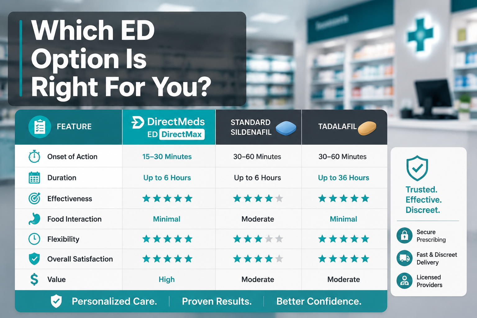 best compounded ed medication online 4 () showing a clean medical comparison table graphic with columns for Direct Meds ED DirectMax, standard sildenafil, and