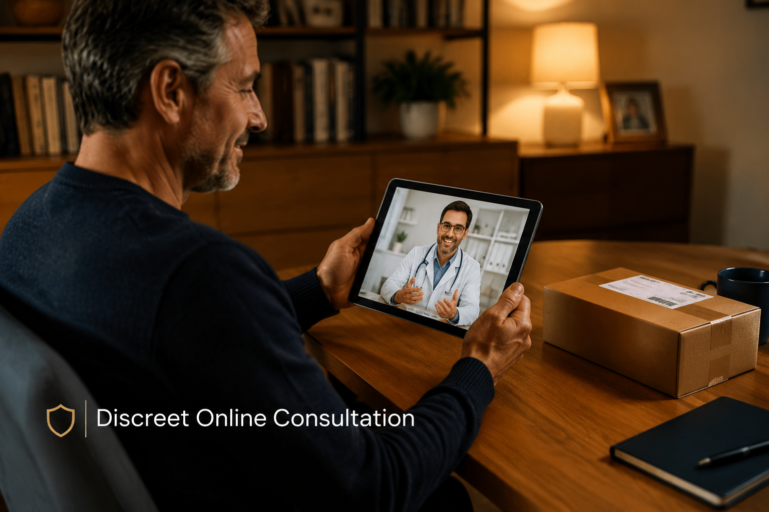 best compounded ed medication online 3 () showing a confident man in his late 40s or early 50s sitting comfortably at a desk, reviewing a telehealth consultation