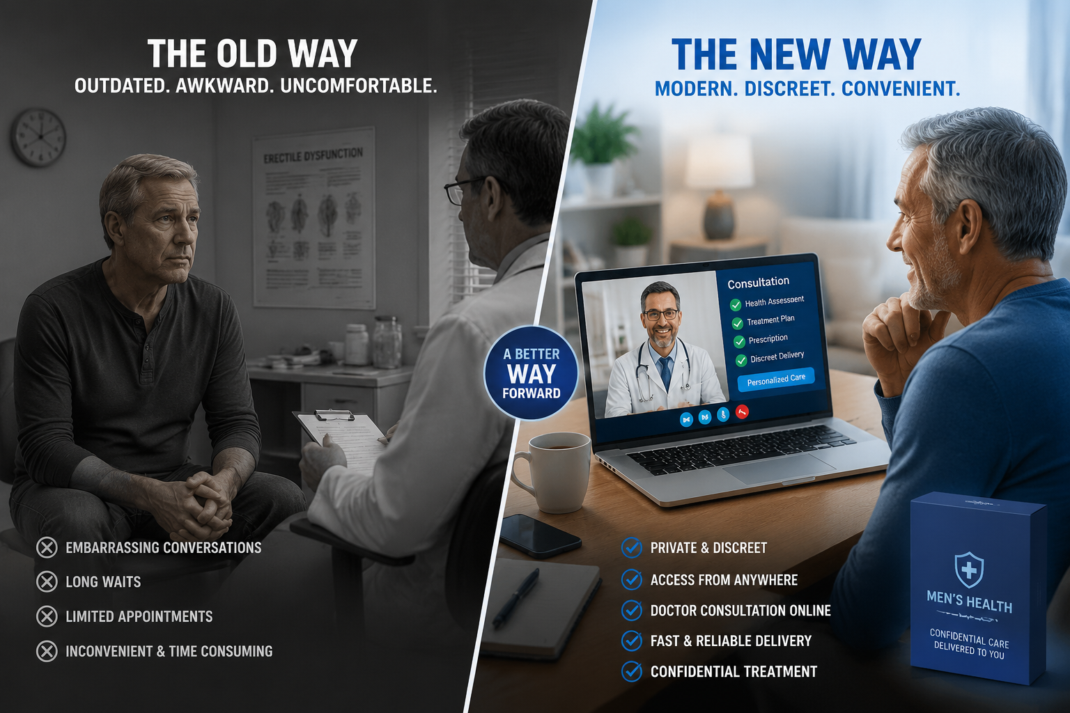 hims ed medication alternative 3 () showing a confident man in his late 50s sitting across from a doctor in a bright modern clinic, but the doctor is